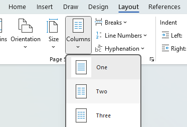 Microsoft Word showing how to create a column through the Layout and column button