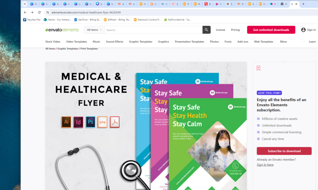 Downloading a healthcare flyer template on envato elements