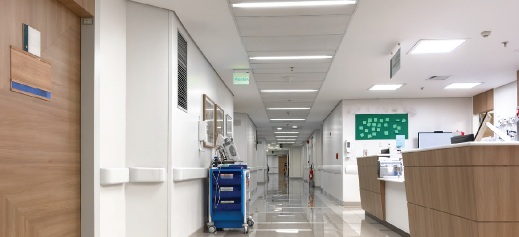 An empty corridor at a hospital.
