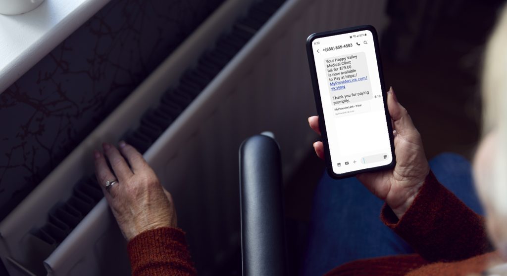 A woman receives an eBill Notice via text message letting her know her medical bill balance is available to view and pay electronically.