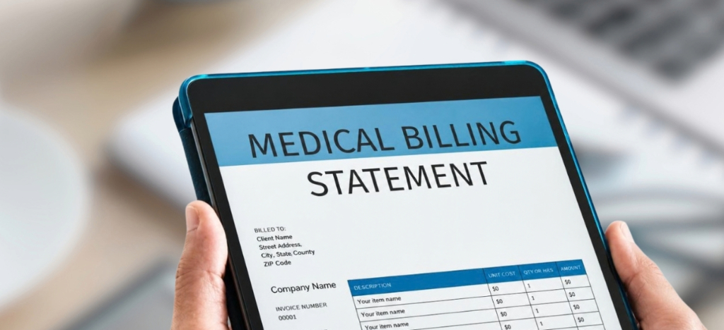A person viewing their medical billing statement on a digital tablet.