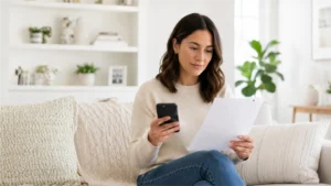 Patient payments are being shown. A woman is at home on a couch looking at a mailed bill and making a payment with her phone.