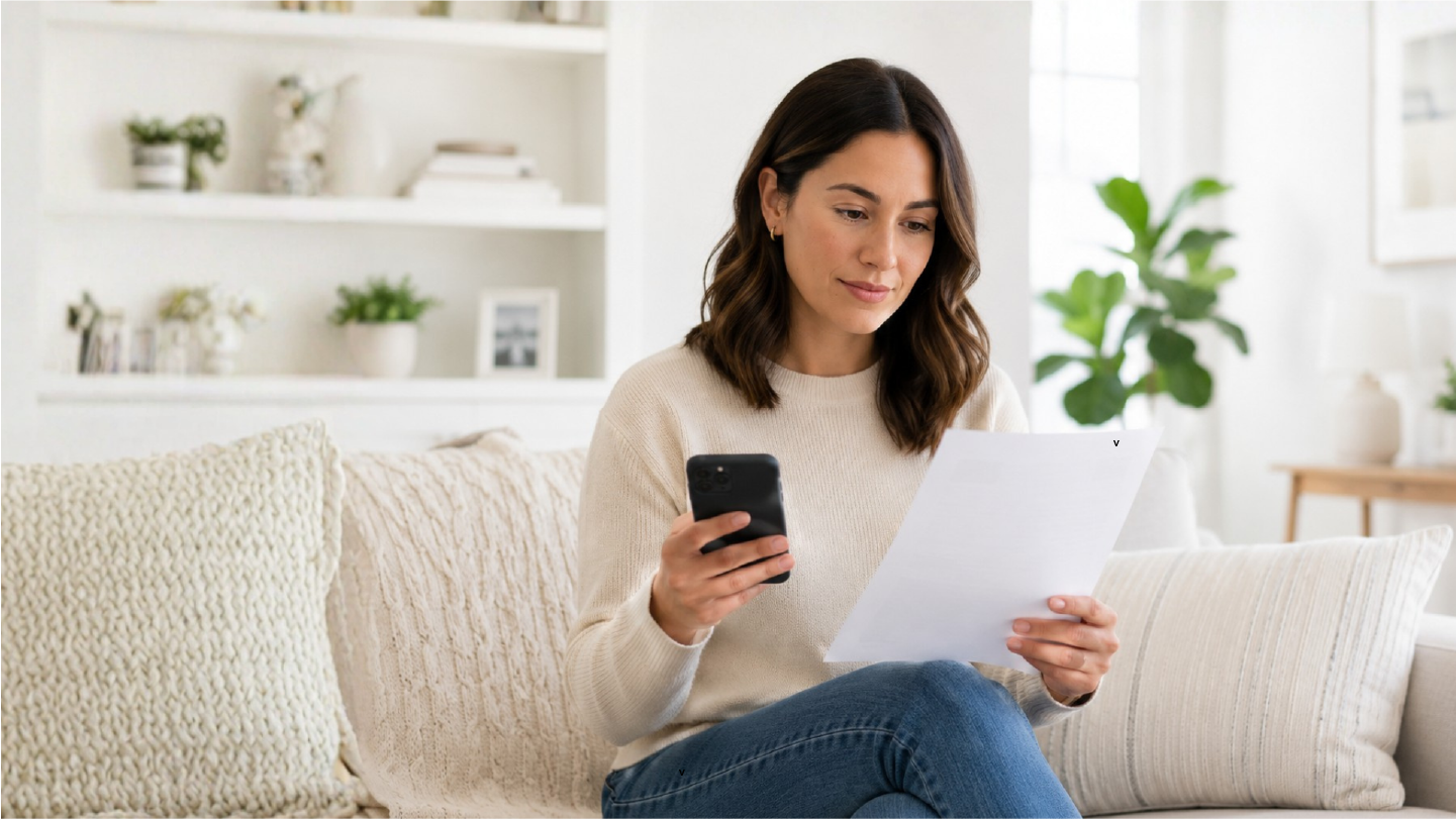Patient payments are being shown. A woman is at home on a couch looking at a mailed bill and making a payment with her phone.