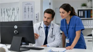 An office manager and doctor using healthcare automated solutions on a computer