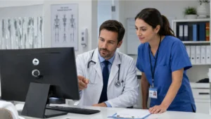 An office manager and doctor using healthcare automated solutions on a computer