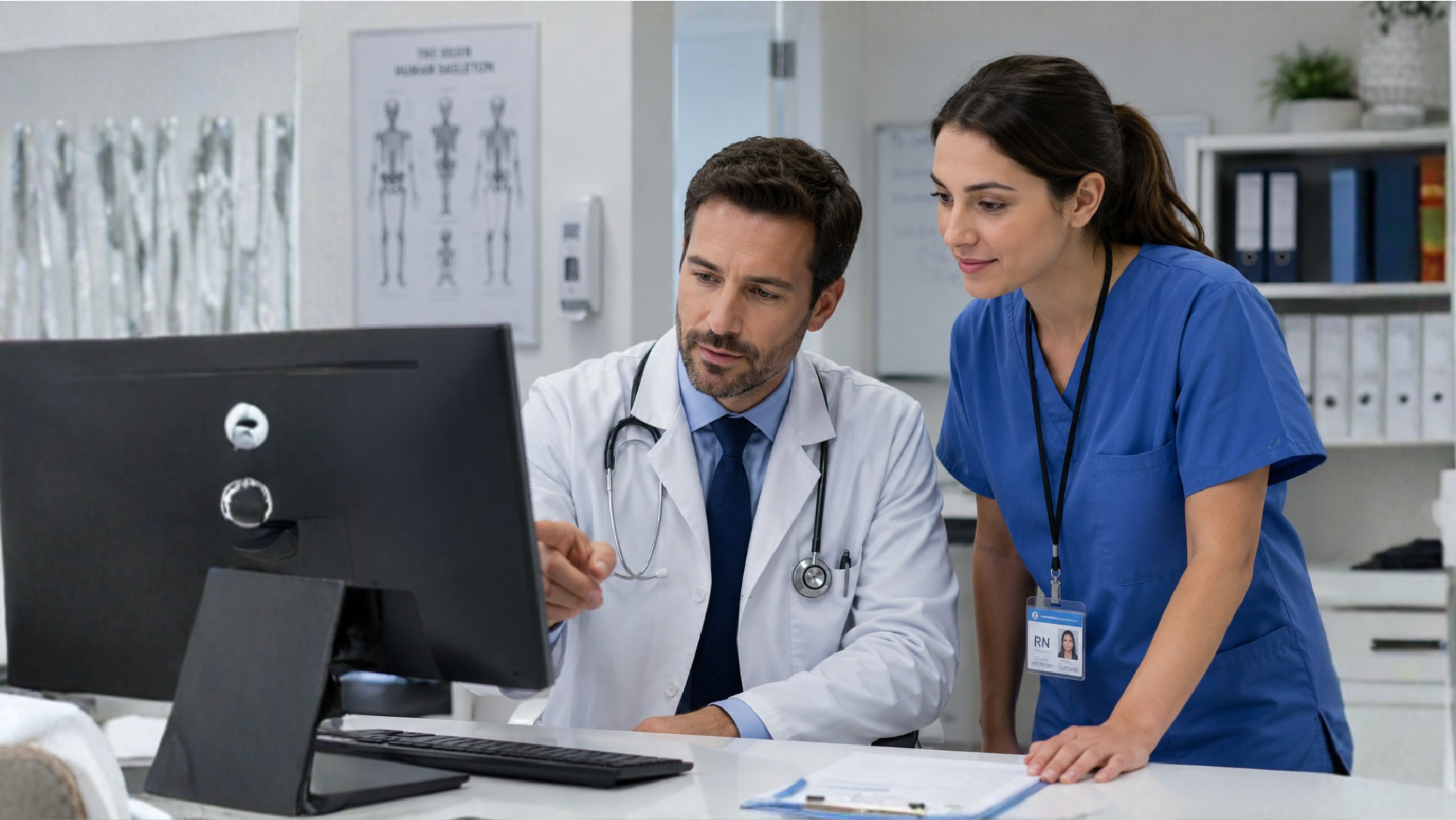 An office manager and doctor using healthcare automated solutions on a computer