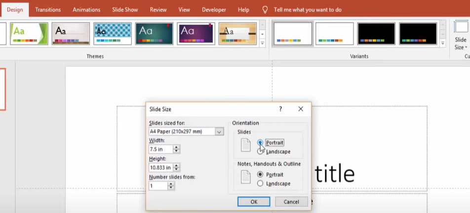 PowerPoint showing how to change the slide size design