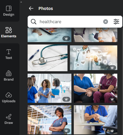 Select free photos in the elements tab on Canva