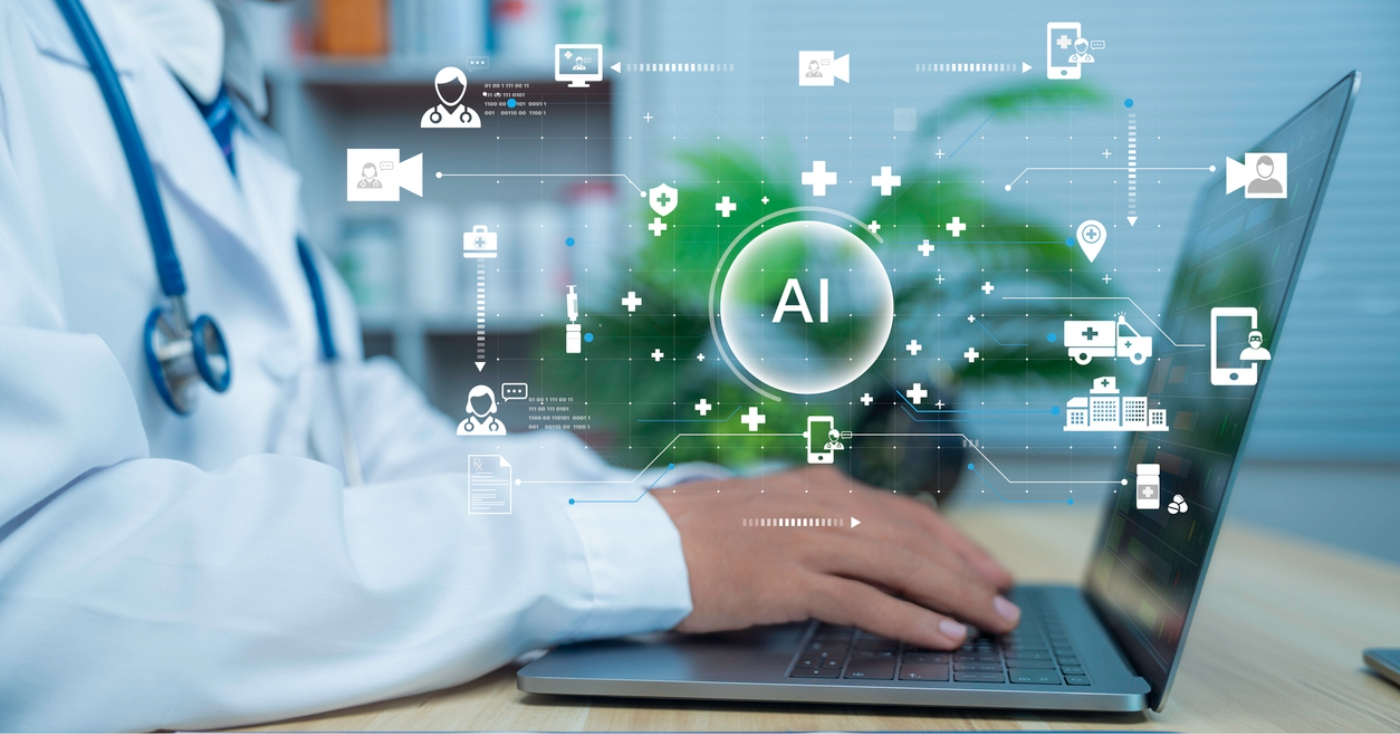 AI medical billing - A male doctor using a laptop showing different icons of AI solutions.